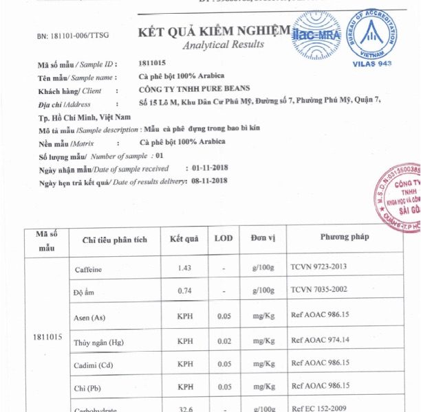 Giấy kết quả kiểm định sản phẩm (Arabica)-01
