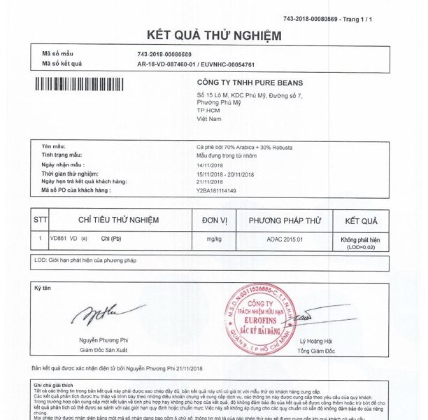 Giấy kết quả kiểm định sản phẩm (Arabica, Robusta)