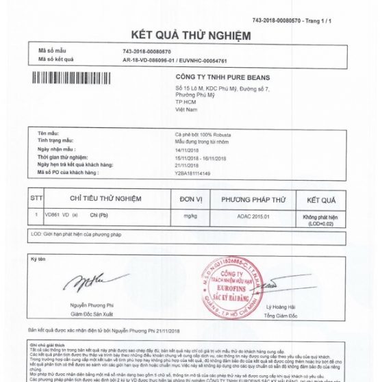 Giấy kết quả kiểm định sản phẩm (Robusta)