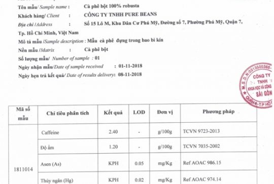 Giấy kết quả kiểm định sản phẩm (Robusta)-01